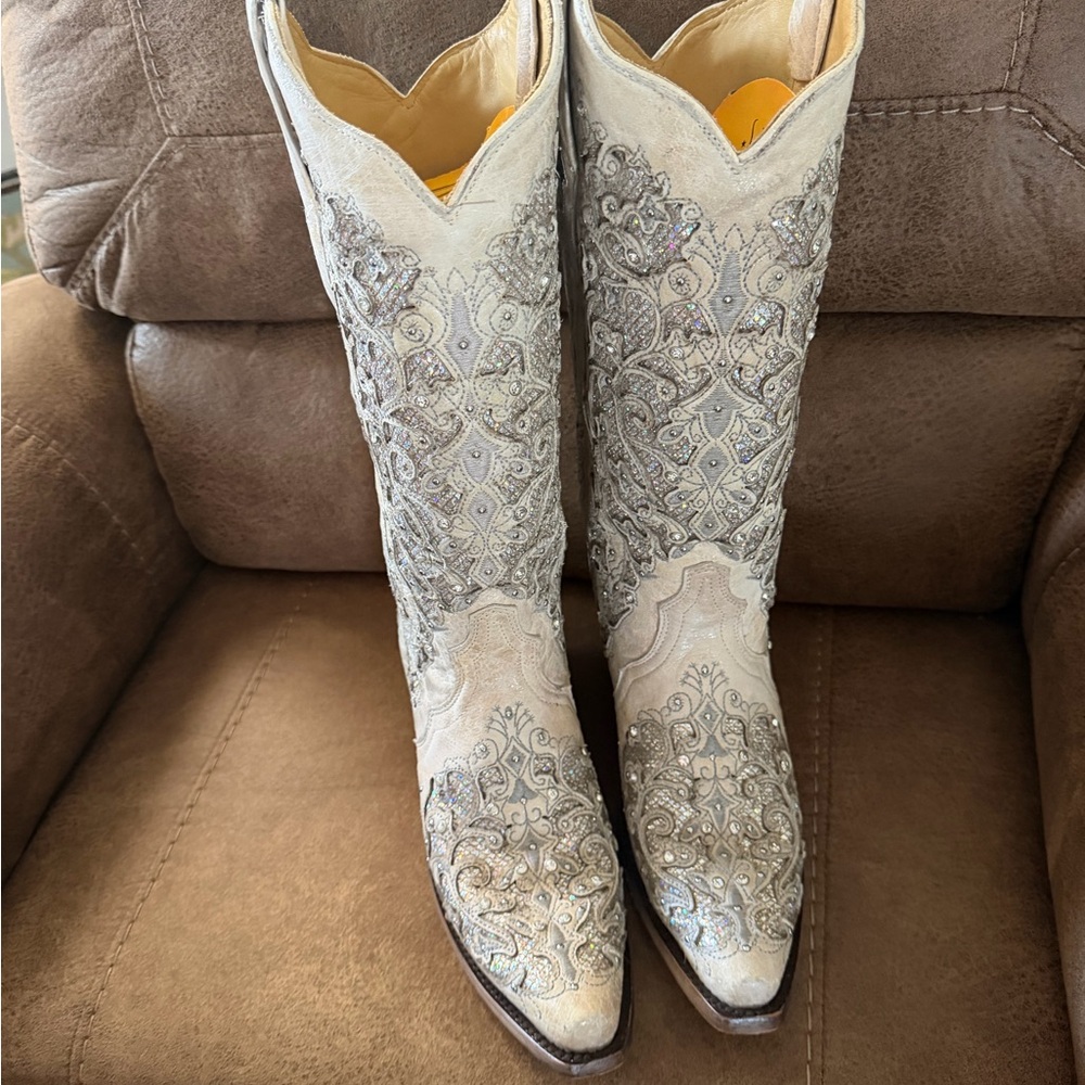 Women's Silver Embroidered Heeled Boots